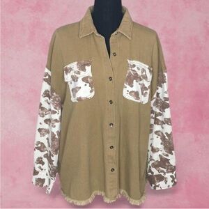 ANDTHEWHY Western Tan and White Button-Up Shirt With Cow Print Sleeves Sz. L